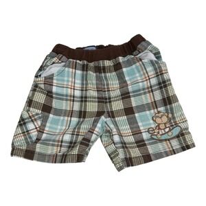 F&F Boys Size 3 Plaid Monkey Surfboard Shorts Brown Blue Green Elastic Waist